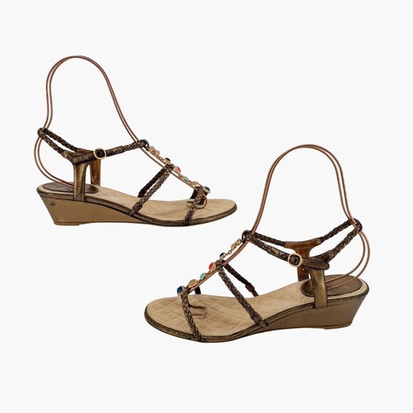 Chanel CC Gem Chain T-Strap Gold Quilted Leather Wedge Sandals Size 40 US 9-9.5 - Picture 6 of 14